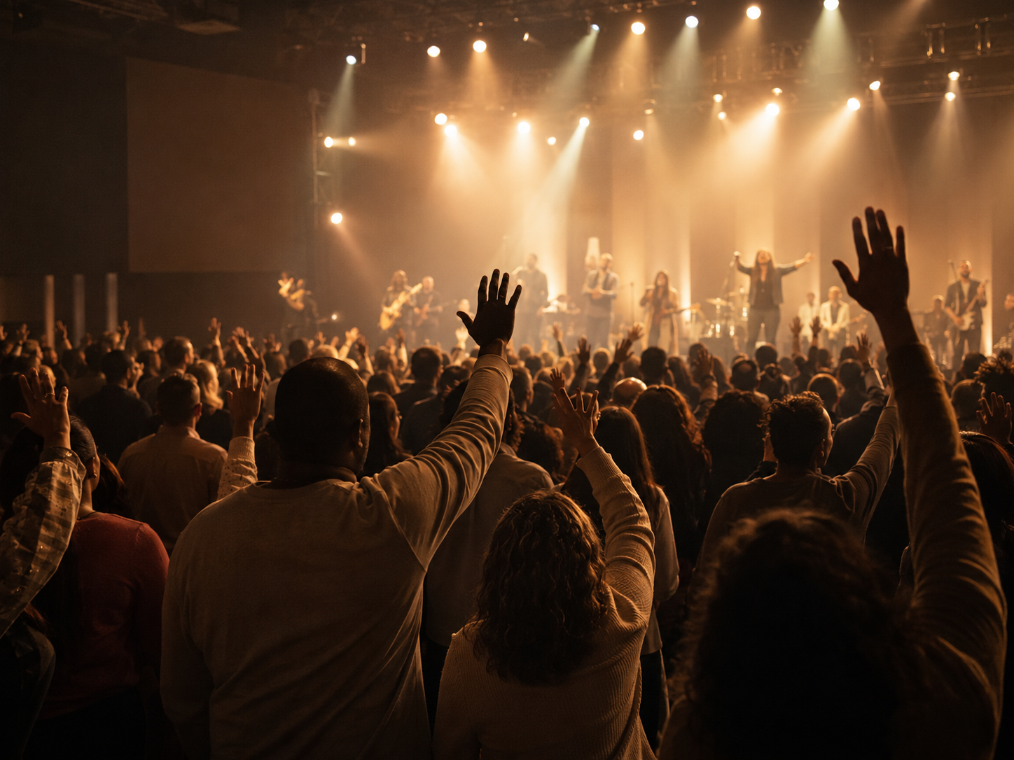 A large diverse worship gathering under warm stage lights