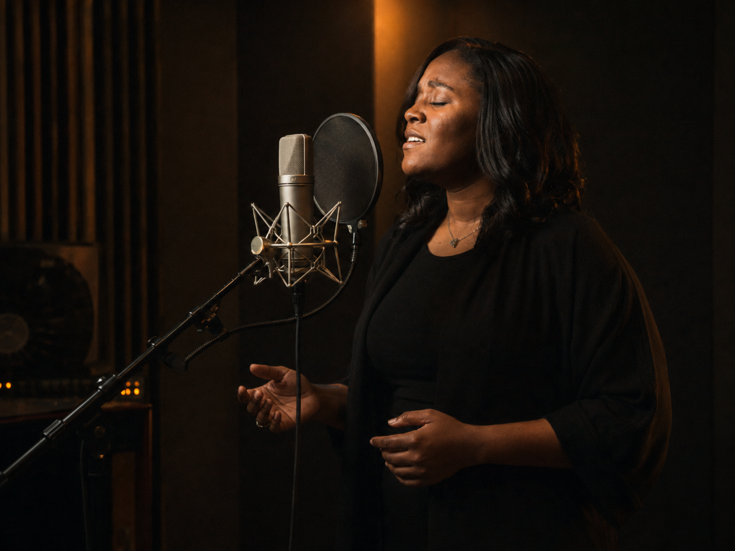 Worship artist recording vocals in a warmly lit studio