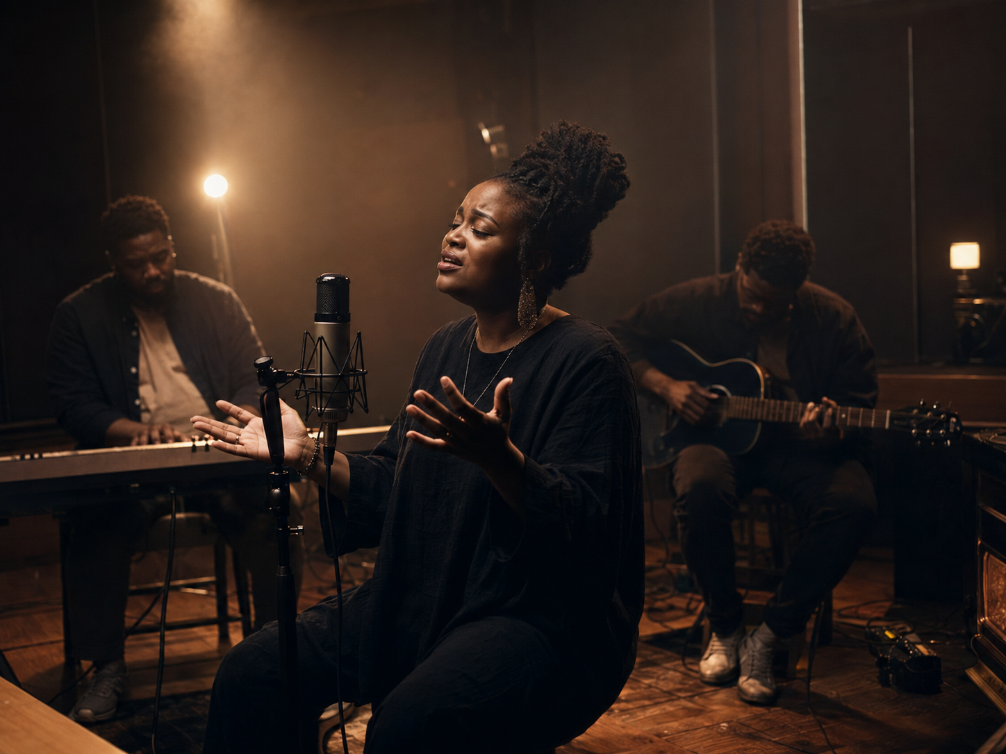 Vocalist and musicians recording an intimate live worship session