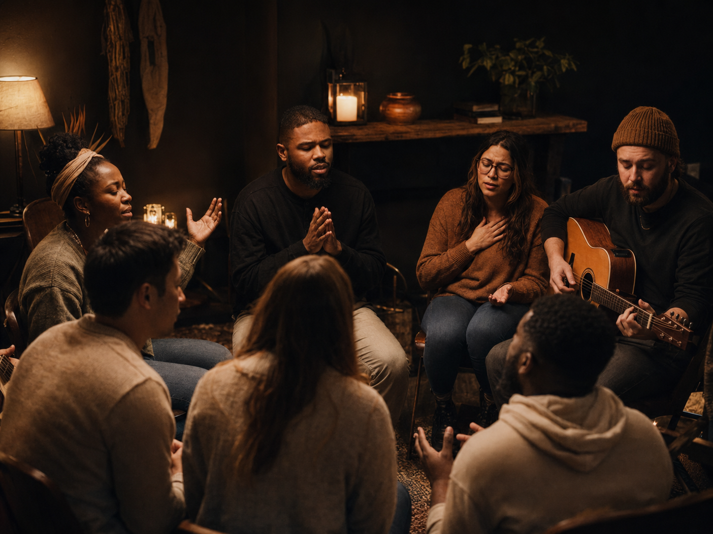 A diverse worship community praying and singing in an intimate circle